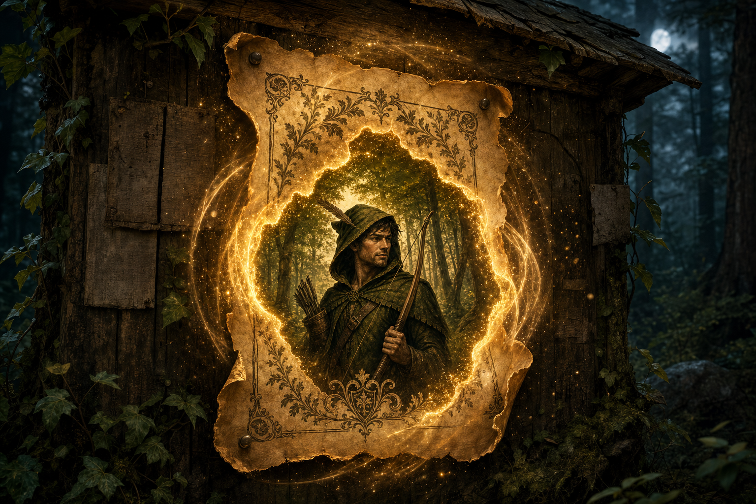 A glowing wanted poster opens into old Sherwood