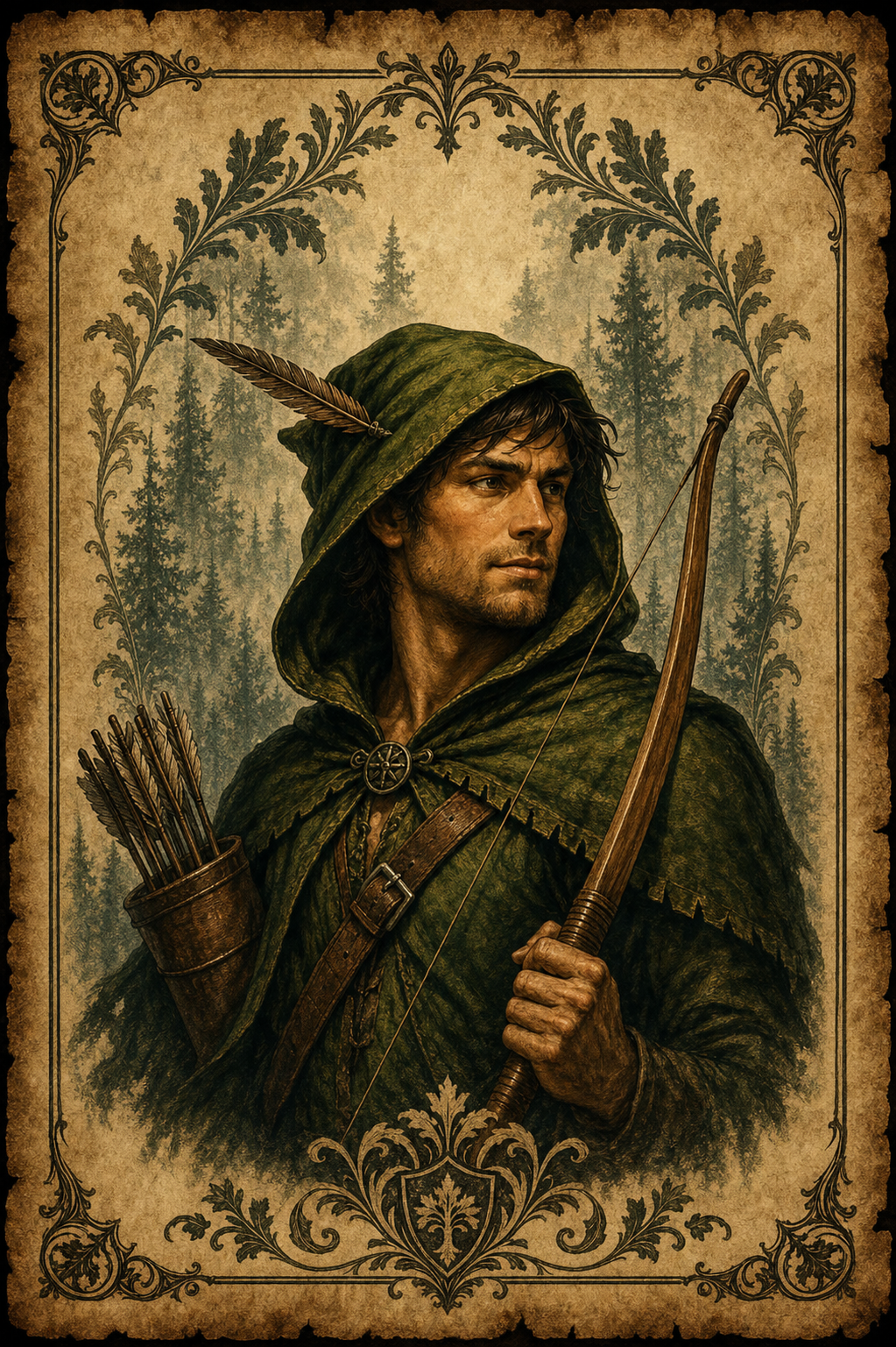 Illustration of Robin Hood wearing a green cloak and holding a bow
